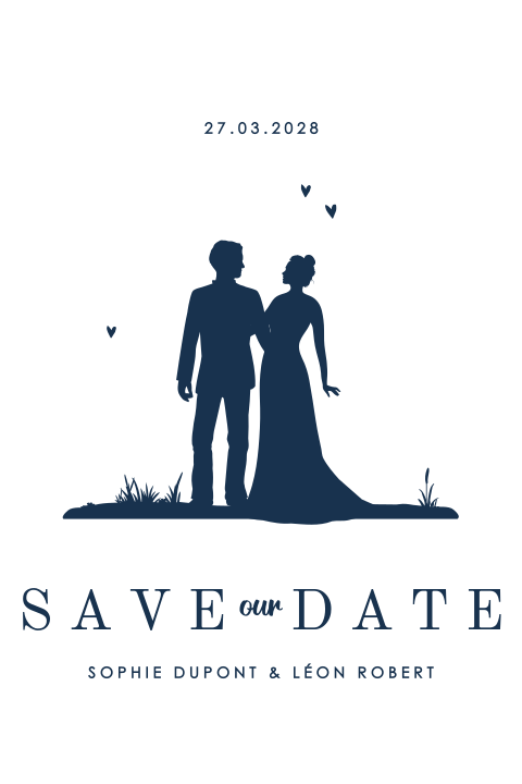Save the date avec la silhouette d'un couple et des cœurs