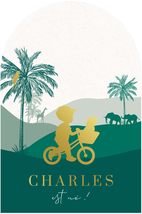 Faire-part de naissance arqué avec dorures sur fond de jungle