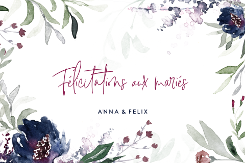 Carte de félicitations mariage avec bouquet de fleurs à l'aquarelle