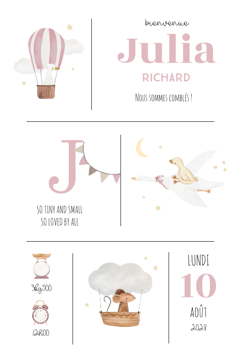 Faire-part de naissance en rose avec des illustrations d'animaux