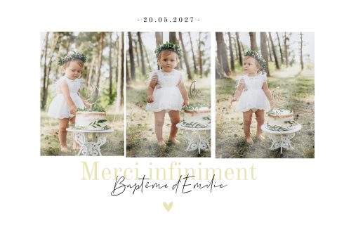 Carte de remerciement de baptême avec trois photos en arche et cœur