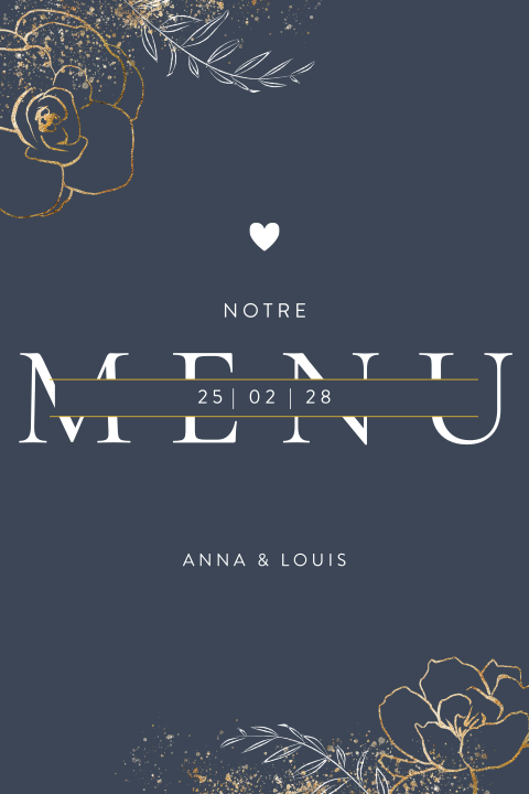 Carte de menu bleu foncé avec des fleurs dorées