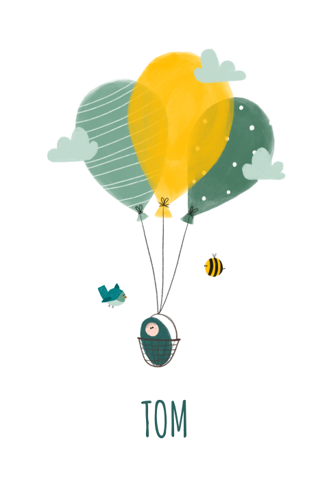 Faire-part de naissance avec poupon et ballons