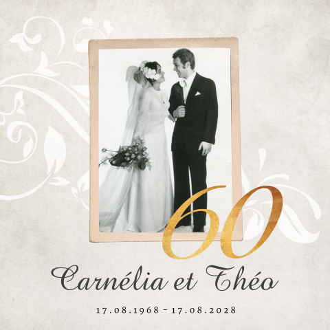 Invitation noces de diamant avec photo encadrée et chiffre jaune-or