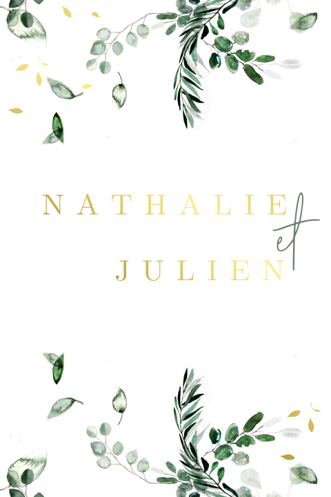 Faire-part de mariage avec des dorures et de l'eucalyptus