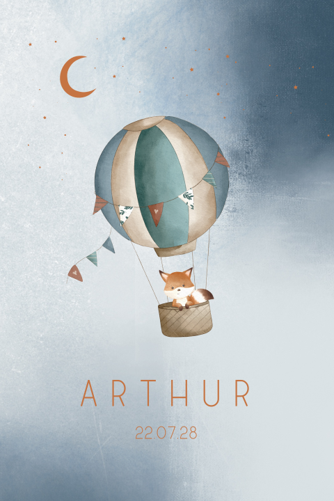 Faire-part de naissance bleu avec montgolfière et petit renard