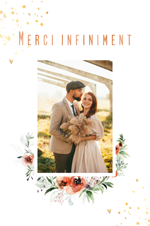 Carte de remerciement avec des fleurs, des cœurs et une photo