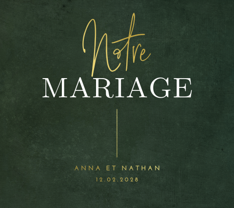 Faire-part de mariage sur fond vert foncé avec des dorures