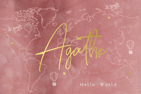 Faire-part de naissance avec photo,  carte du monde et nom en dorure