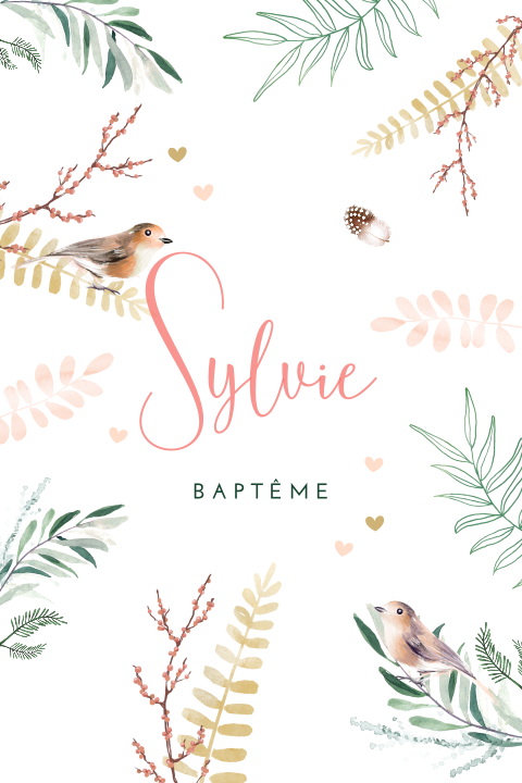 Faire-part de baptême avec feuillages, oiseaux et coeurs