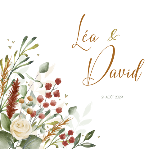 Faire-part de mariage avec un bouquet rouge et cœurs