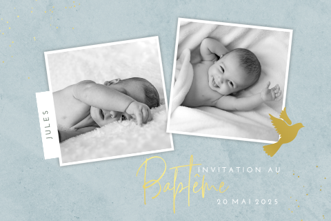 Faire-part de baptême élégant avec une colombe en dorure sur fond bleu