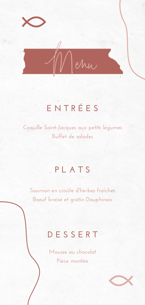 Carte de menu pour baptême avec des poissons dans des teintes rouges