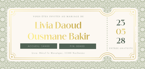 Faire-part de mariage en forme de ticket et style méditerranéen