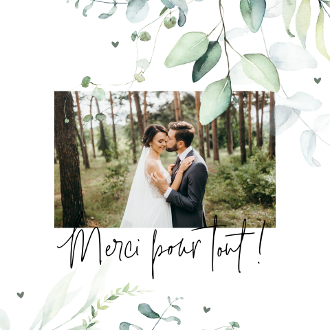 Carte de remerciement avec une inscription artistique et une photo