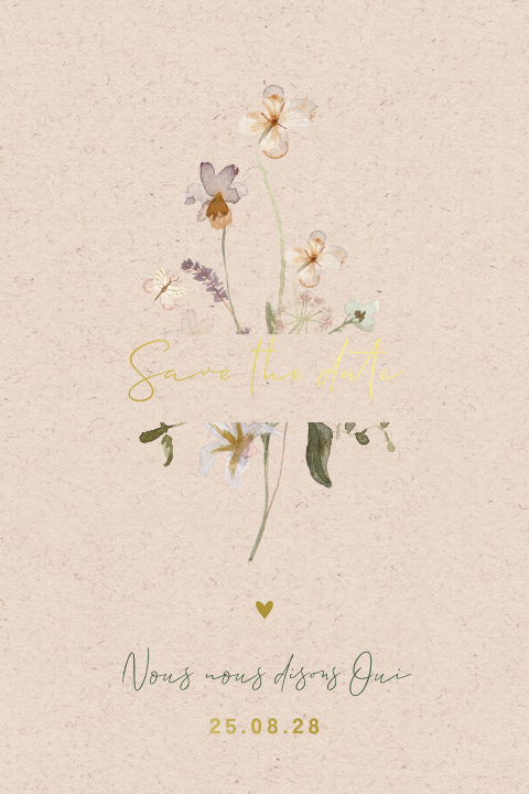 Save the Date avec des fleurs, dorure et coins arrondis