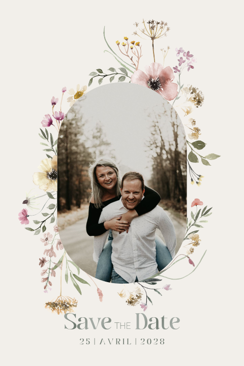 Carte save the date avec photo et jolies fleurs en aquarelle