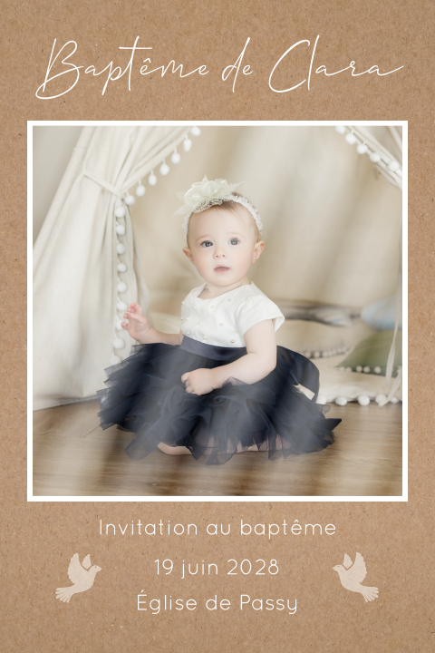 Faire-part de baptême avec colombes et photos sur impression kraft
