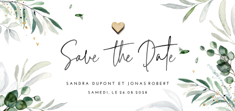 Save the date avec des feuilles et des cœurs | cœur en bois optionnel