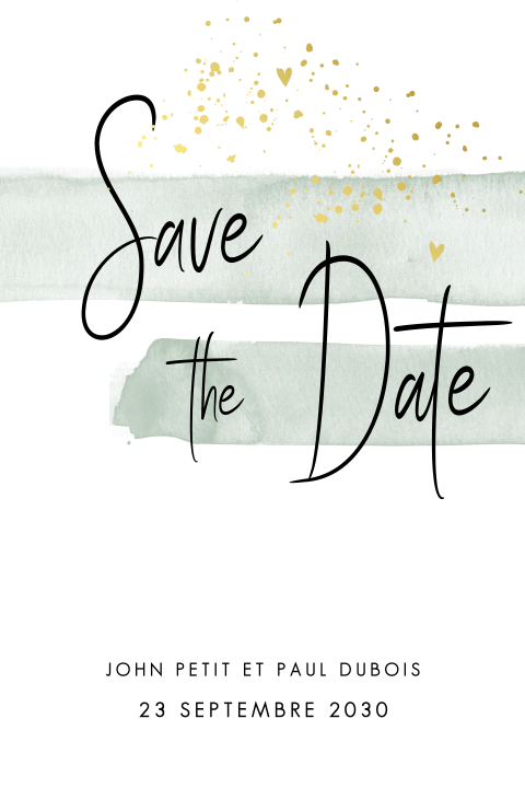 Save the date avec des traits en aquarelle vert et des dorures.