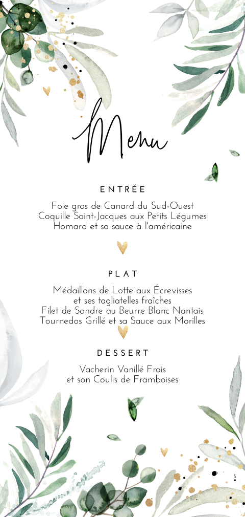 Carte de menu florale avec des feuilles et des cœurs