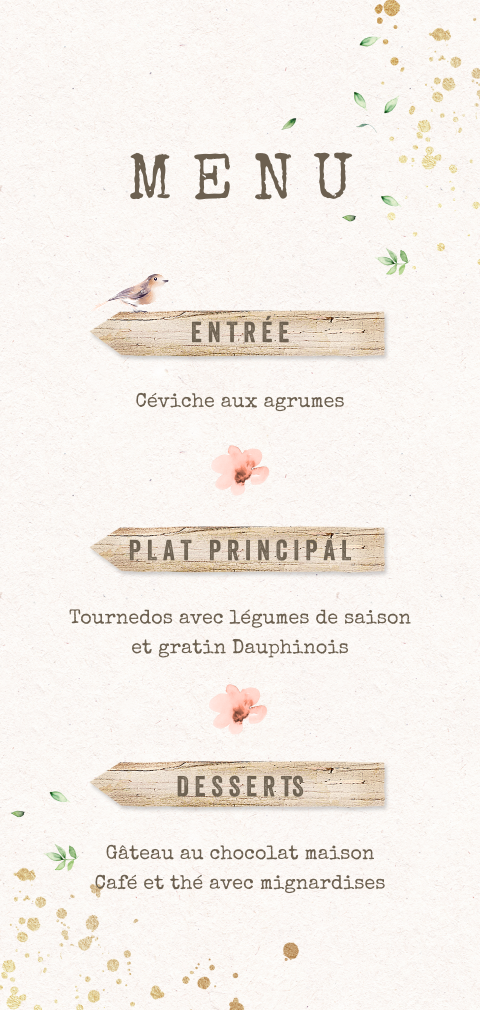 Carte de menu communion avec des fleurs et panneau indicateur