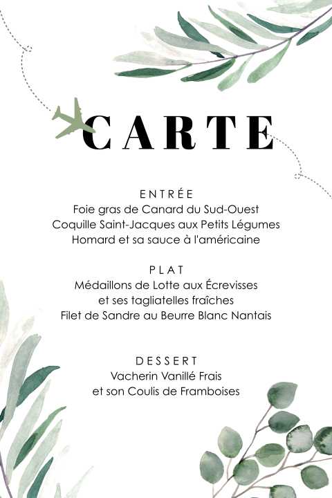 Carte de menu avec des feuilles d'eucalyptus et un avion