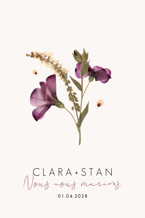 Faire-part de mariage avec des fleurs violettes