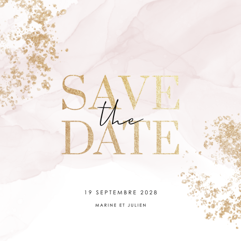 Save the date doux avec paillettes d'or sur fond de marbre rose