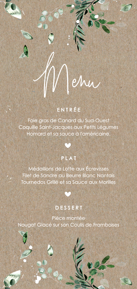 Carte de menu avec des branches d'eucalyptus sur du papier kraft