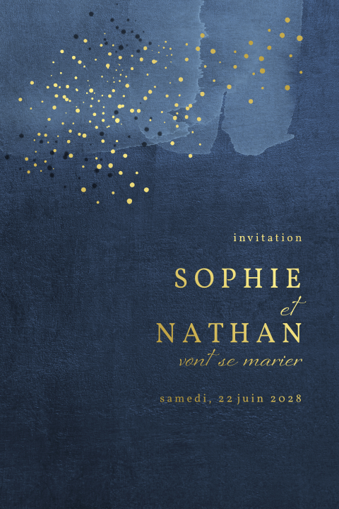 Faire-part de mariage sur fond bleu foncé avec des dorures