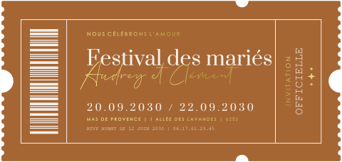 Faire-part de mariage original sous la forme d'un ticket de festival