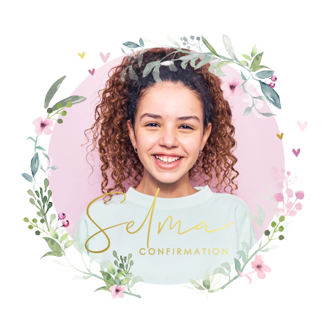 Faire-part de confirmation rond avec couronne de fleurs et dorures