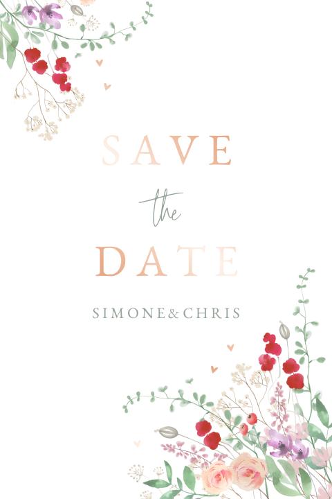 Save the date avec des fleurs estivales et des dorures rosées.