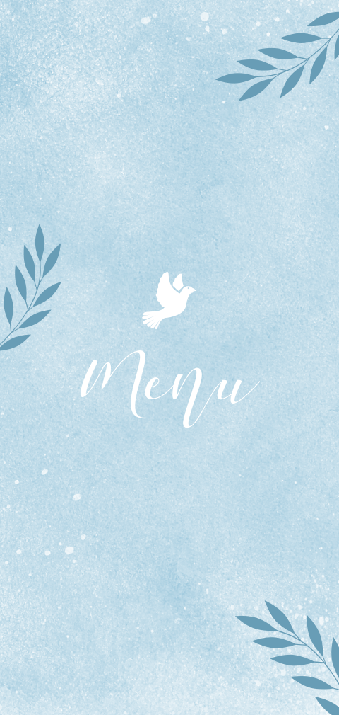 Menu de baptême bleu avec colombe