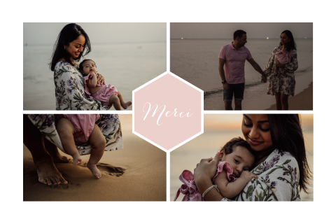 Carte de remerciement naissance avec 4 photos et pentagone