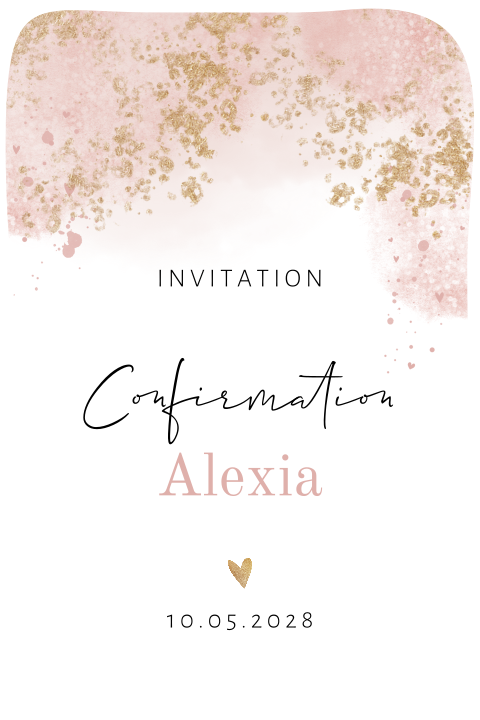Faire-part de confirmation avec paillettes en or et aquarelle rose