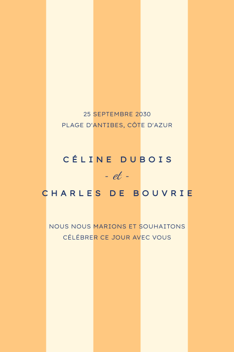 Faire-part de mariage style plage avec rayures jaunes et beiges