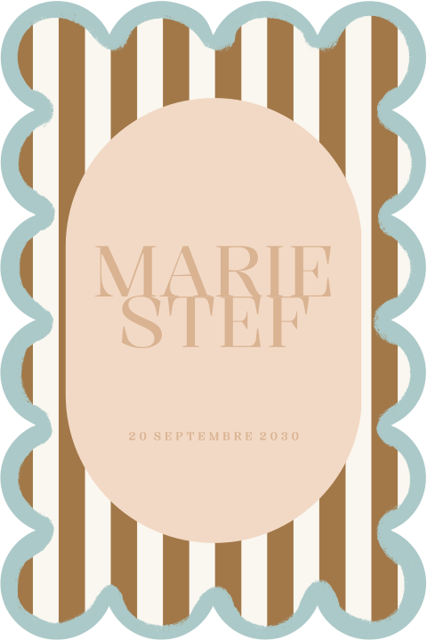 Faire-part mariage avec bords dentelés bleus et rayures marron
