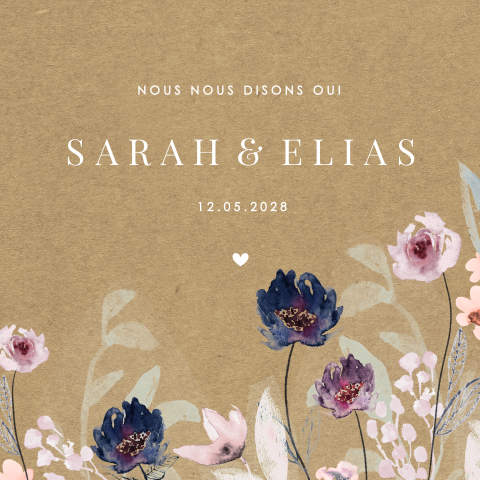 Faire-part de mariage harmonieux avec des fleurs à l'aquarelle