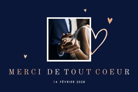 Belle carte de remerciement bleue avec finition en or rose et photo