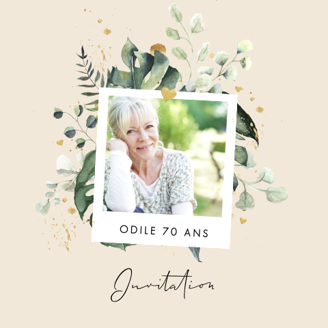 Carte d'invitation chic avec photo et feuillages sur fond beige