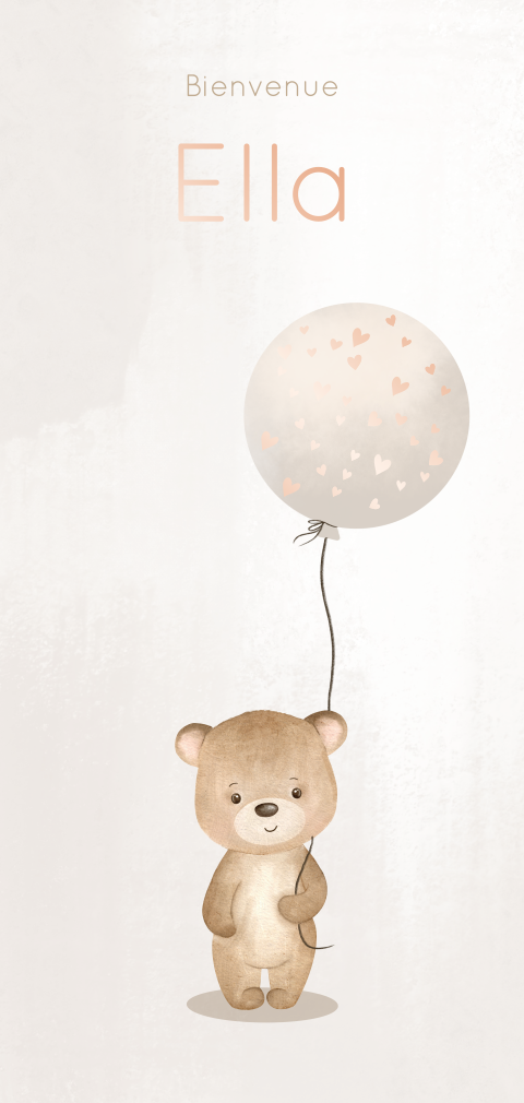 Faire-part de naissance doux avec ours et ballon avec cœurs