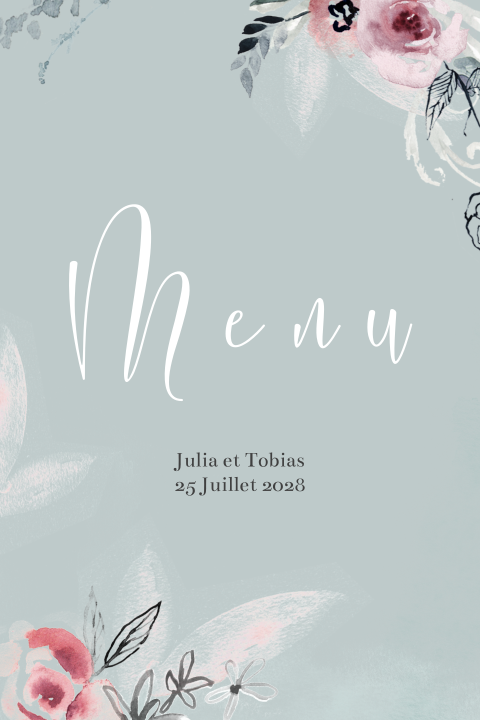 Menu dans des tons doux avec fleurs roses et feuilles blanches