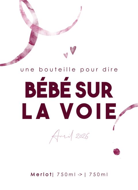 Annonce de grossesse Étiquette de vin "Bébé en route" avec des petits cœurs