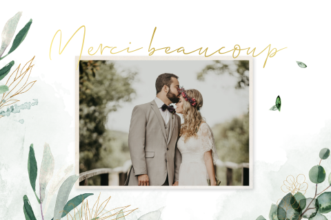 Carte de remerciement avec dorure, branches en aquarelle et photo