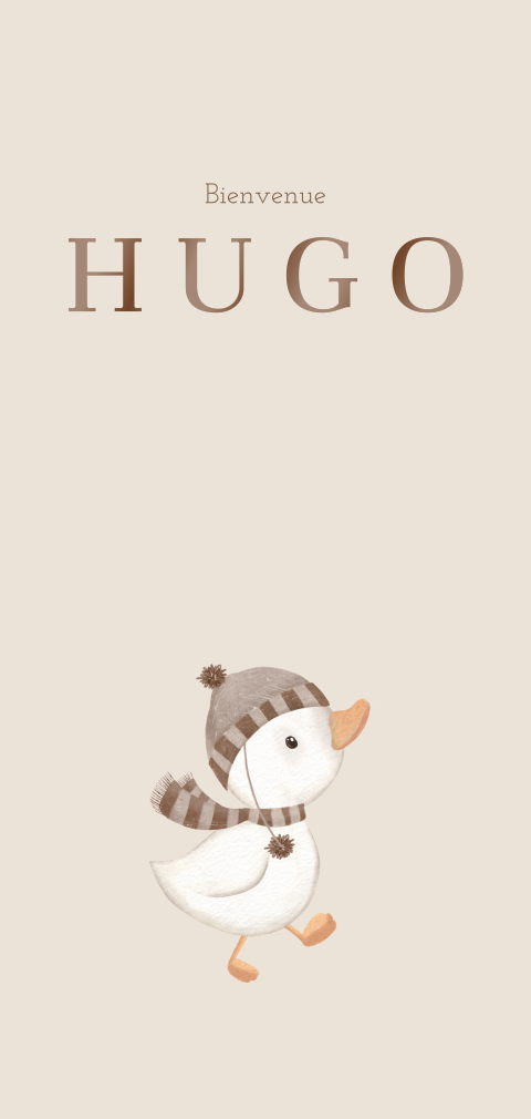 Faire-part de naissance beige avec un caneton avec chapeau et écharpe