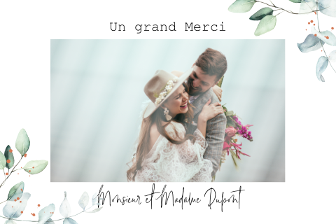 Carte de remerciement recto-verso avec photo et feuilles aquarelles