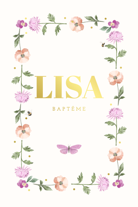 Faire-part de baptême avec cadre de fleurs roses et papillons roses