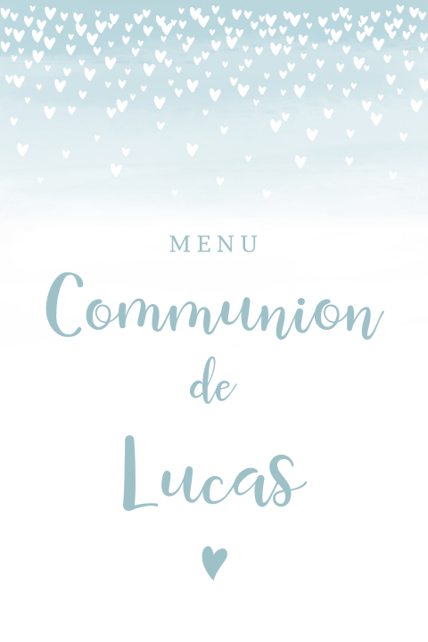 Menu écrite bleue et envolée de coeurs